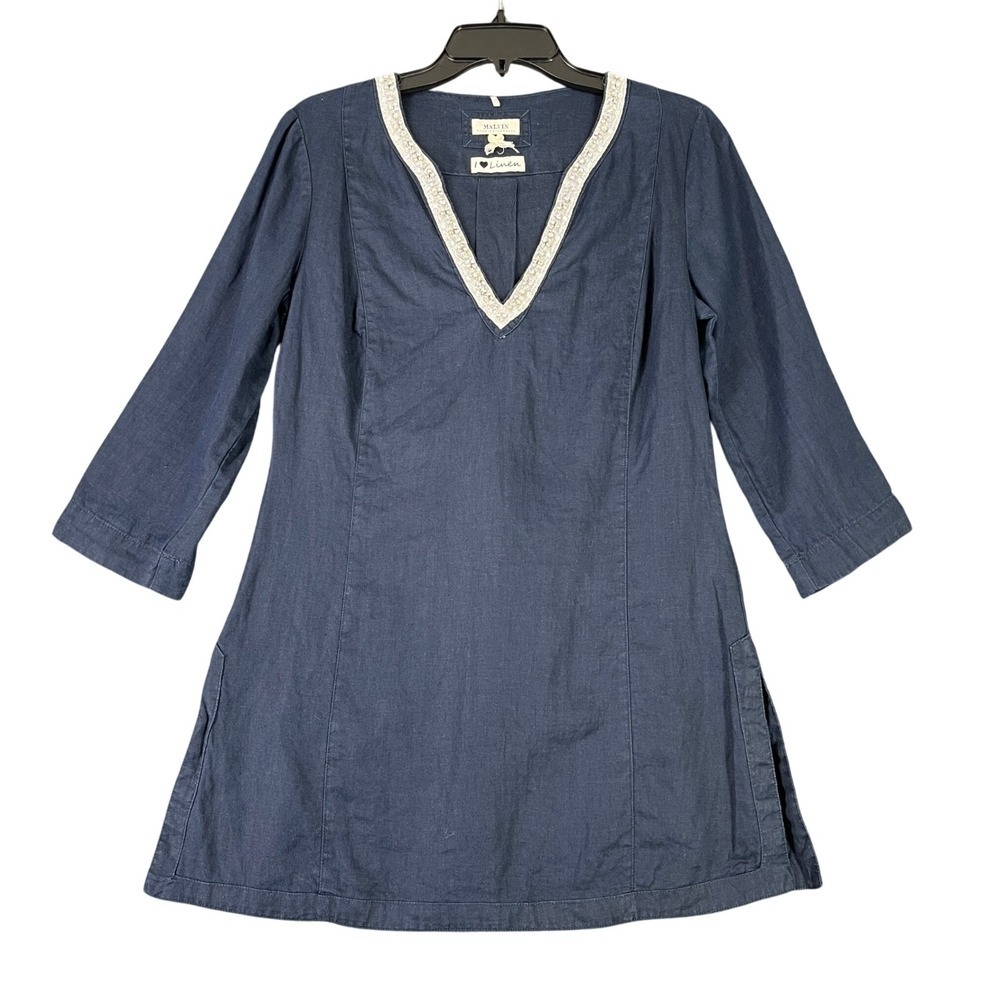 Malvin Hamburg Dress Womens L Linen Embellished Boho Resort Coastal Chic Cottage
